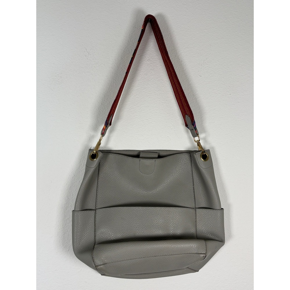 Grey Pebbled Vegan Leather Hobo Bag with Woven Guitar Strap and Pouch‎